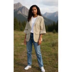 Humanity Blazer Jacket Women's Large Beige 3/4 Sleeve One Button Closure Pockets